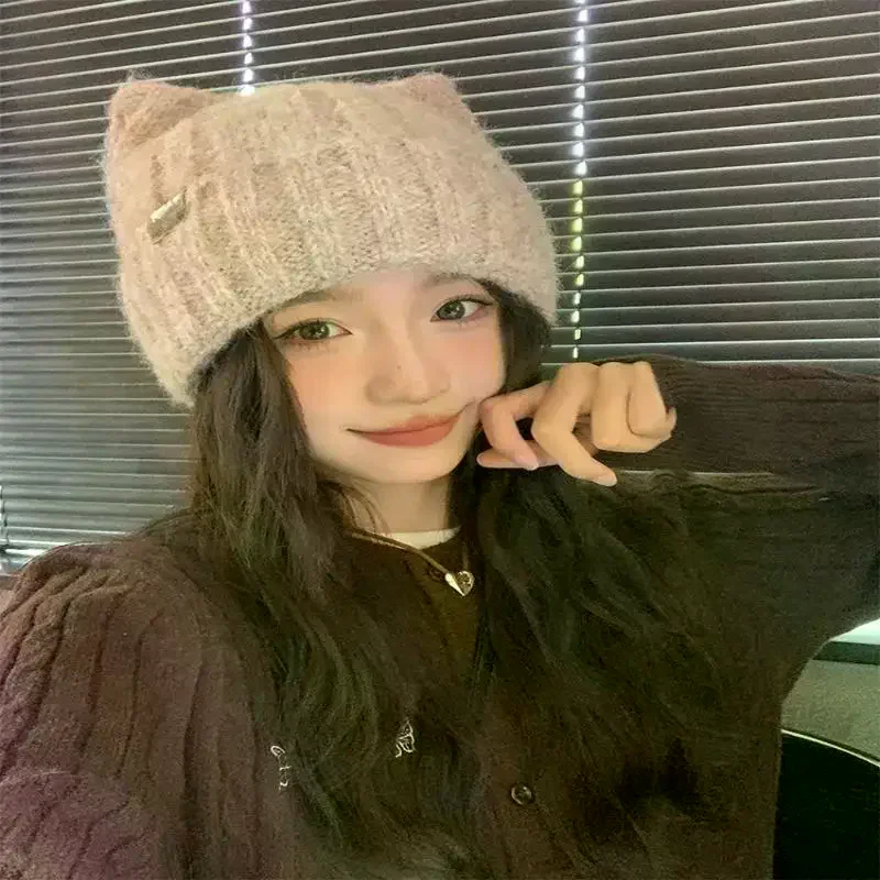 القط الأذن قبعة الشتاء قبعة دافئة محبوك قبعة مع يندبروف سميكة تصميم لطيف الخريف الشتاء الملحقات الدافئة