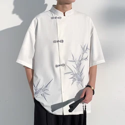 2024 Men Shirt Bamboo Embroried Short Sleeve Loose Summer Streetwear Men Clothing Korean Style Casual Tunic Shirts Plus M-5XL