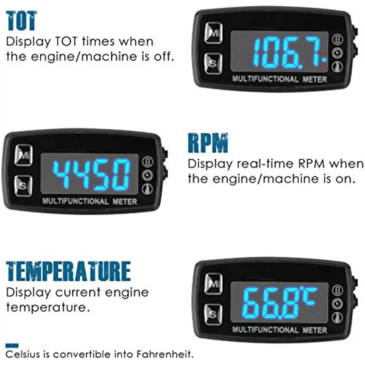 Digital LED Engine Hour Meter RPM &Temperature Display Maintenance Reminder,External Powered Operating for Lawn Mower Outboard