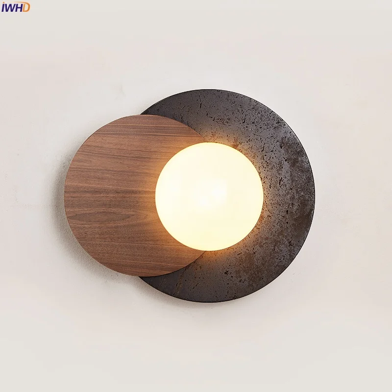 

IWHD Mid Century Modern LED Wall Lights For Living Room Stair Lighting Fixtures Black Travertine Bedside Lamps Applique Murale