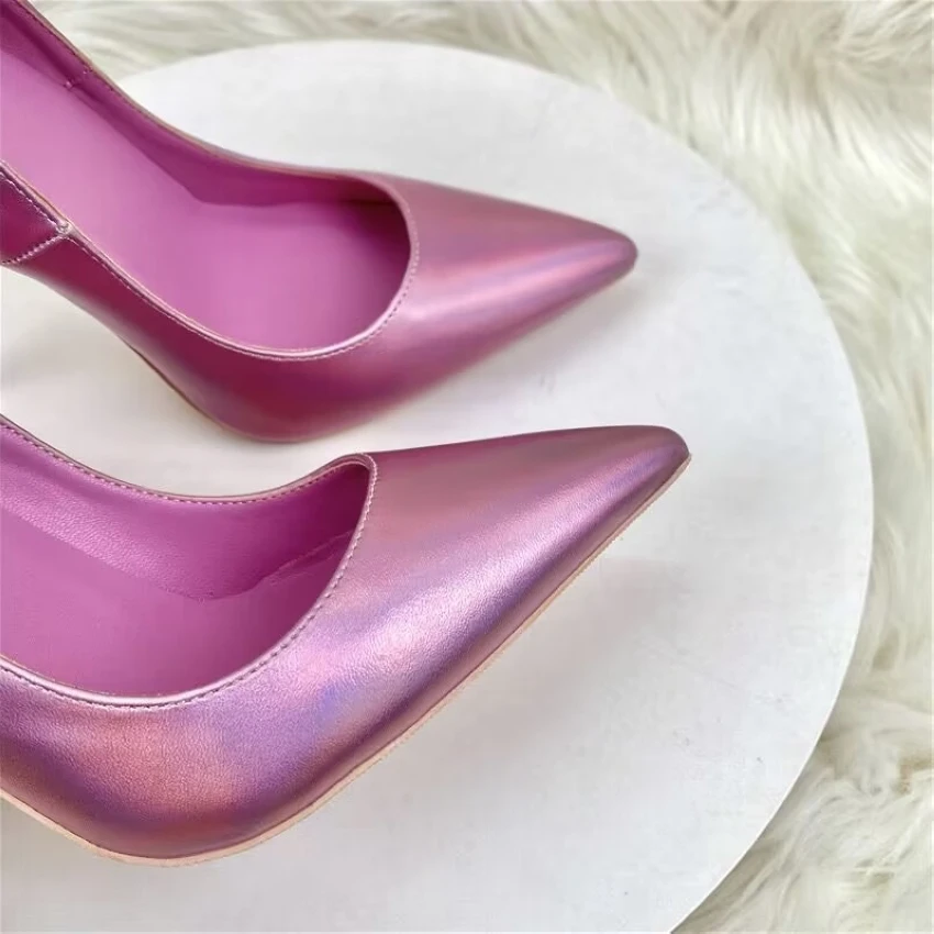 Pink Metallic Leather Women High Heel Shoes Pointed Toe Shallow Stiletto High Heels Sexy Prom Wedding Pumps