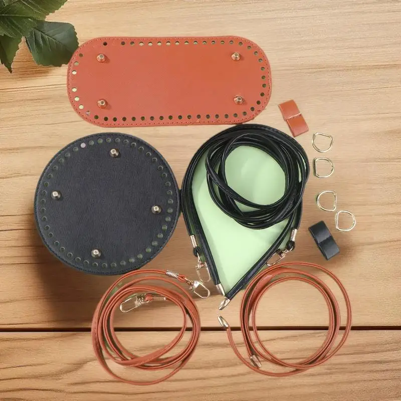 Sturdy DIY Round PU Leather Crochet Woven Bag Set, 3 pieces, Solid Color Bottom Bag, Handmade Drawstring Attachments