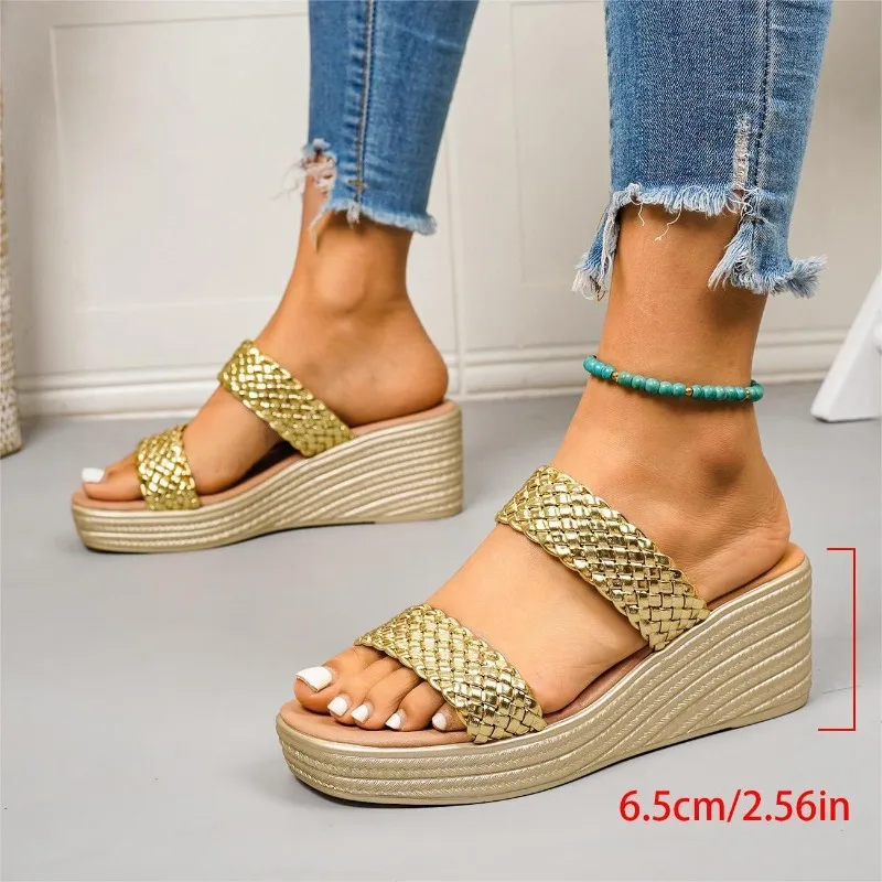 Modische Damen-Keilsandalen Luxuriöse Plateau-Pantoletten Sexy Offene Zehen Damenschuhe Glänzende High Heels Damenschuhe Sandalias De Mujer