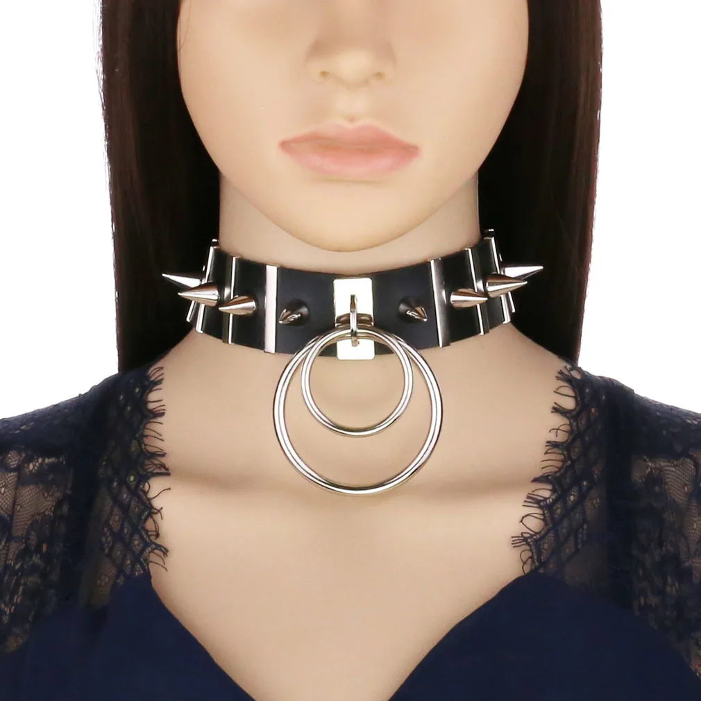 Punk Harajuku Soft girl Rock and roll Exaggeration Rivets Double-ring pendant Multicolored Leather Stainless steel Necklace