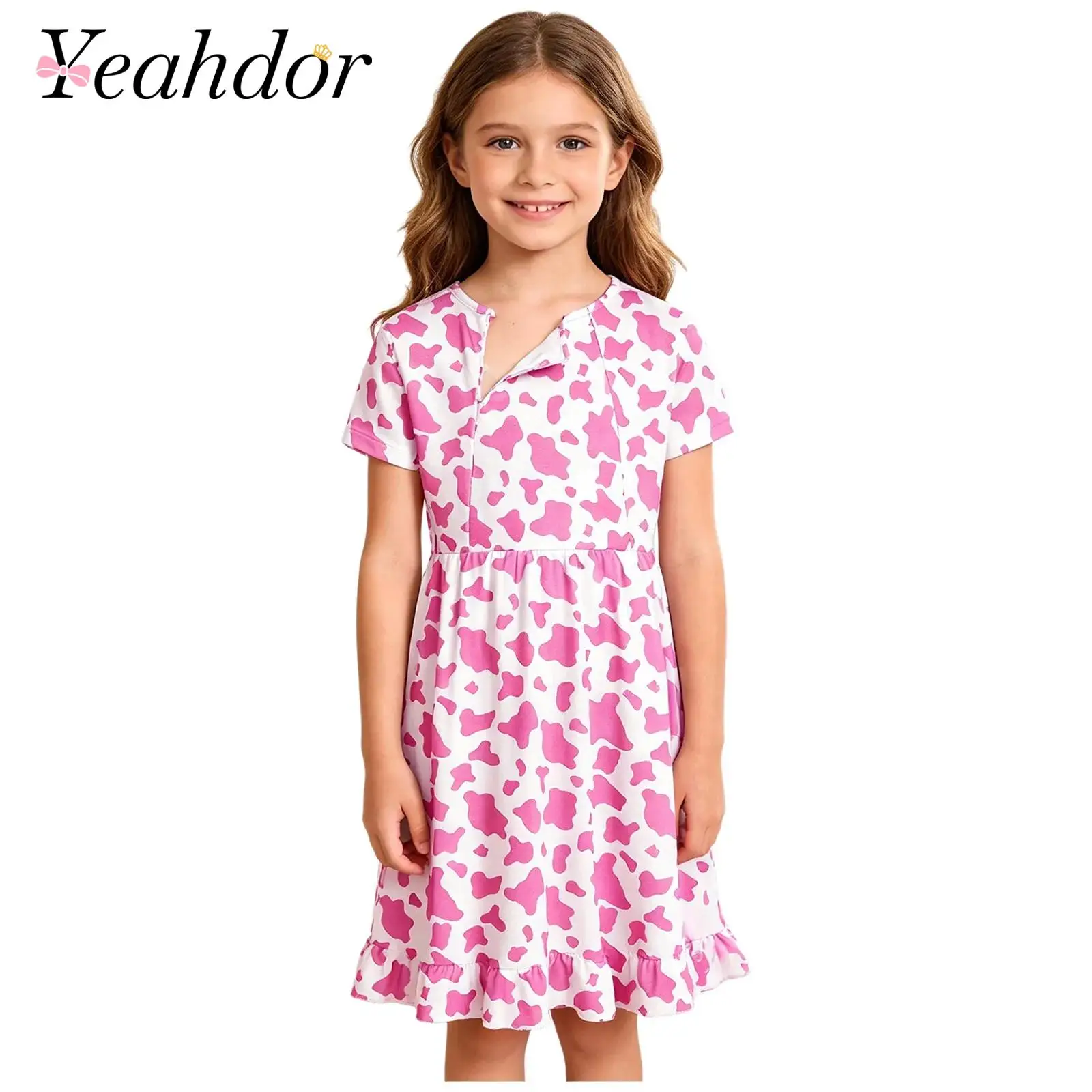 Kids Girls Cute Printed Ruffle Dress Short Sleeve Front Zipper Dresses for Treatment Special Needs Clothing Patient Nursing Gown
