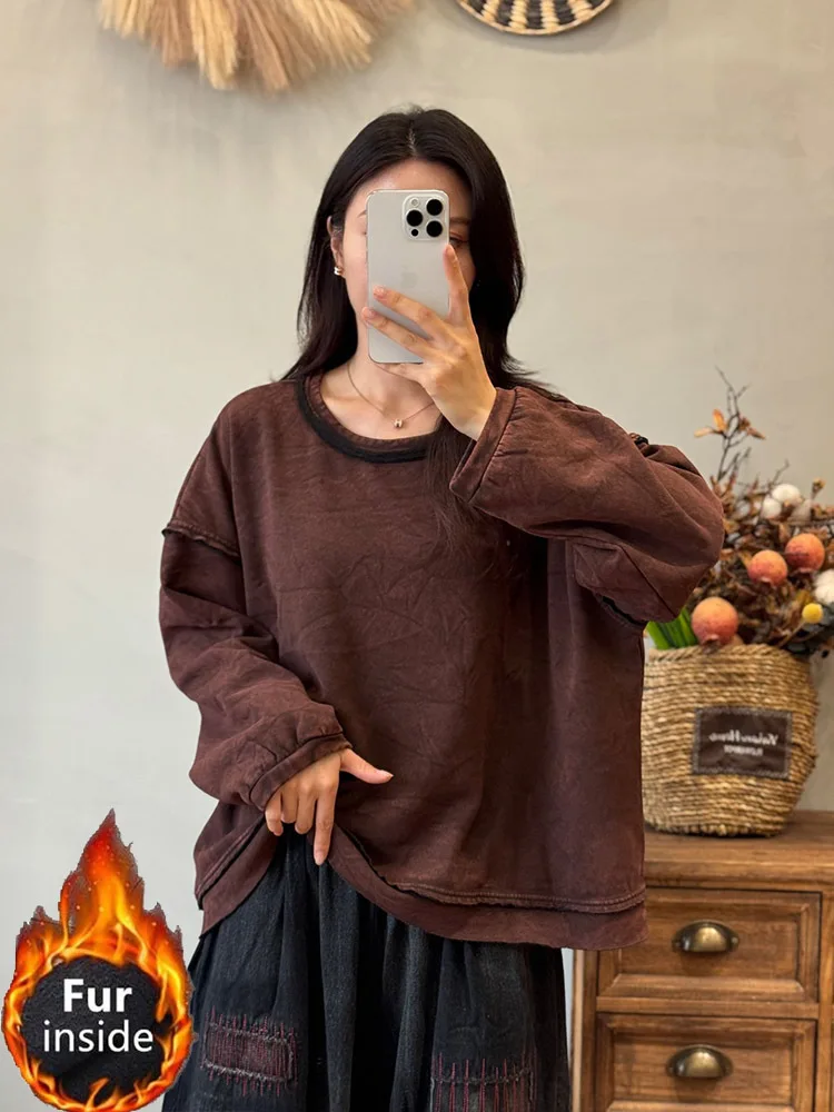 Amax LuluE 2025 Inverno Coreano Classico Solido Vestiti Delle Donne Dell'annata Casual O-Collo di Pelliccia T-Shirt Donne di Modo Classico di Cotone Magliette E Camicette