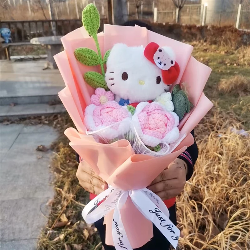 Hello Kitty Kuromi Cinnamoroll My Melody Plüschstrauß mit handgefertigter gewebter Rose, Partydekoration, Valentinstag, Geburtstagsgeschenk