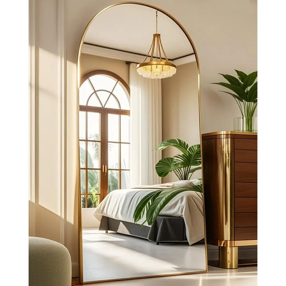 Arched Wall Mirror with Stand, 77x38 Floor Mirror for Bedroom or Cloakroom in Gold