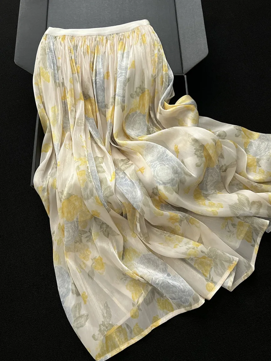 Yellow Floral Glimmering Half Skirt Women's Summer Gentle High Waist A-Line Umbrella Skirt Long Dress Korean Style Polyester ...