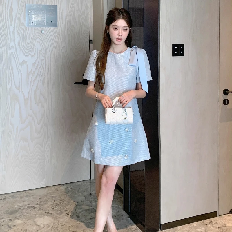 Elegant Socialite High-End A-line Dresses 2024 Summer New French Temperament Bow Tie Beaded Short Sleeve Loose Slim Mini Dress