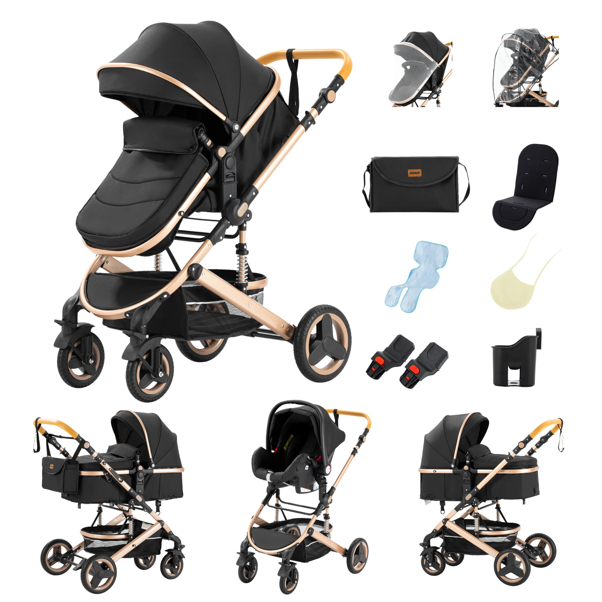 3-in-1 Canne kinderwagen, universele adapters, opvouwbare kinderwagen tot 25 kg, 4-wielige schokdemping, ruime reiswieg & grote wielen