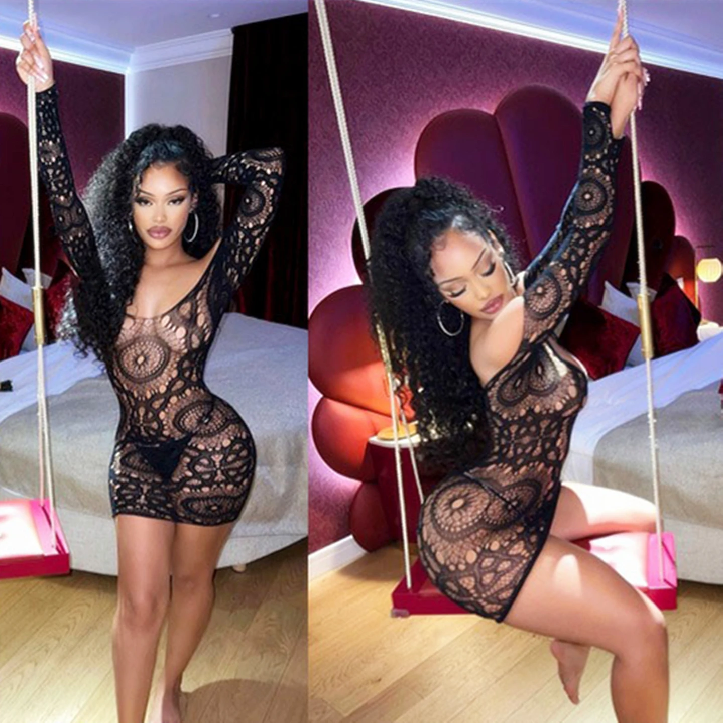 Abito trasparente Abito lingerie sexy Uniforme senza schienale Gonna corta Passione Tentazione Camicia da notte Borsa Hip Beachwear Abbigliamento da discoteca