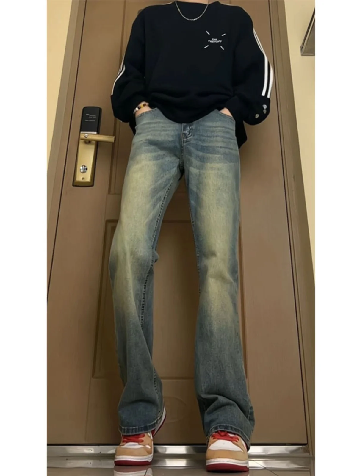 

Retro Blue Bamboo Node Pattern Men's Jeans Spring Autumn High Elastic Slim Fit Bell Bot Straight Leg American Vibe Pants