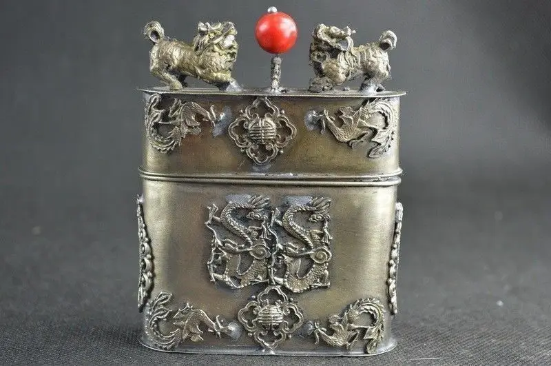 

Old Collectibles Handwork Miao Silver Carving Kylin Dragon & Phoenix Tobacco Box bottle