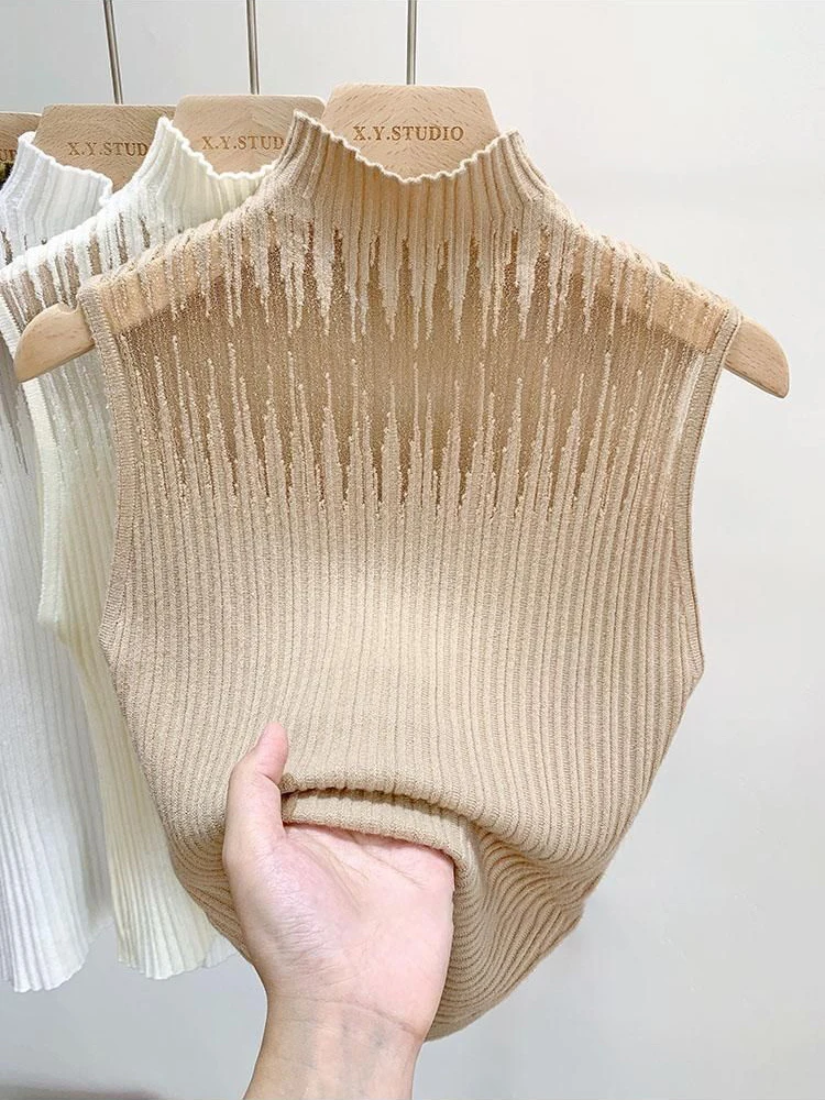 شبكة محبوك المرأة Y2K تانك القمم سترة الإناث سترة صوف من دون أكمام شيك قطع الشارع الشهير الصلبة نحيل الأبيض صديرية دائرية 2025