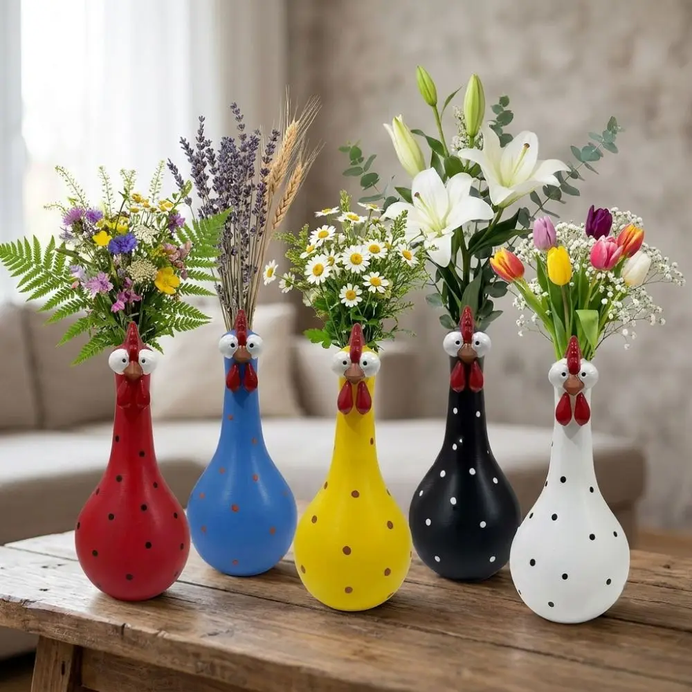 Colorful Dot Long Neck Chicken Vases Lifelike Cartoon Rooster Sculpture Vase Hand Painted Resin Art Flower Vase Ornament