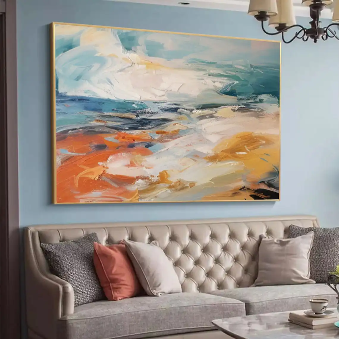 Large Abstract Blue Ocean Oil Painting on Canvas Original Colorful Painting Living Room Orange Beach Painting Modern Wall Art