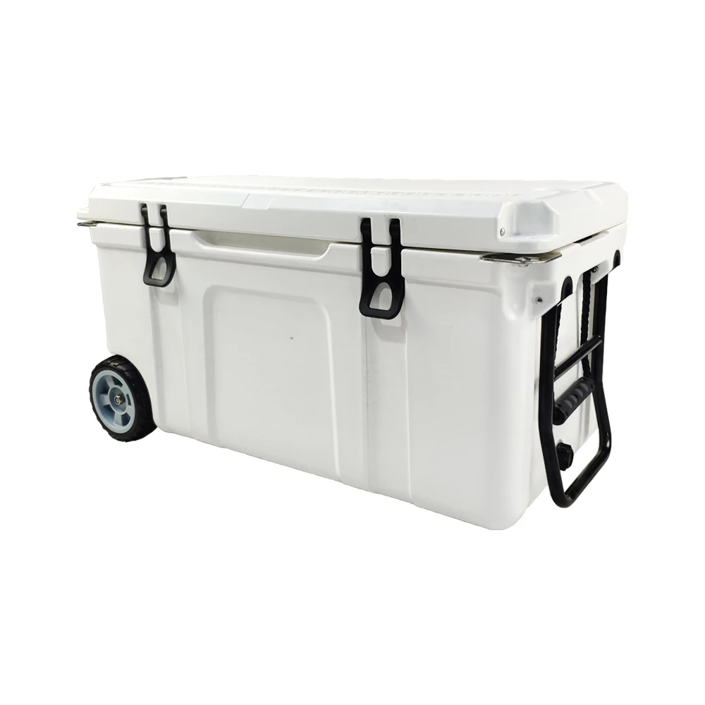 80 QT roto molded plastic ice chest cooler box with wheel, cooling box for outdoor camping and fishing