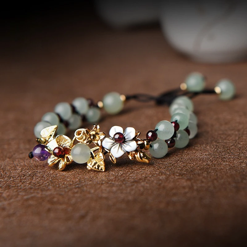 

Chinese Style Pure Handmade Woven Garnet Chalcedony Stone Classical Women's Bracelet Retro Jewelry Personalized Gift