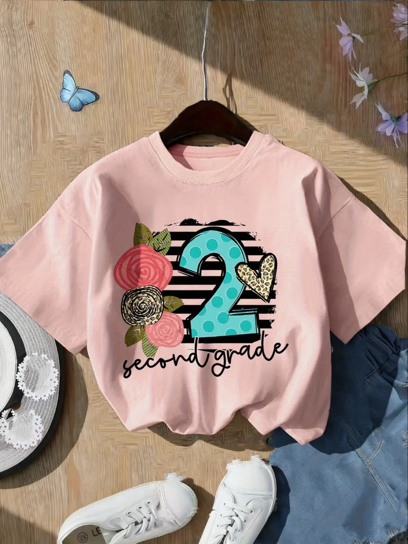 Girls Second Grade Floral Leopard Heart Graphic T Shirt Kids Crew Neck Short Sleeve Top Back To School Casual Tee