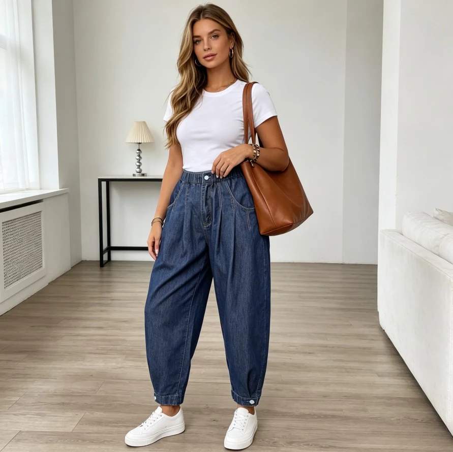 Jeans Bloomers Women High Waist Stretch Ankle Length Trousers Washed Vintage Streetwear Distressed Denims Spring Summer 2026