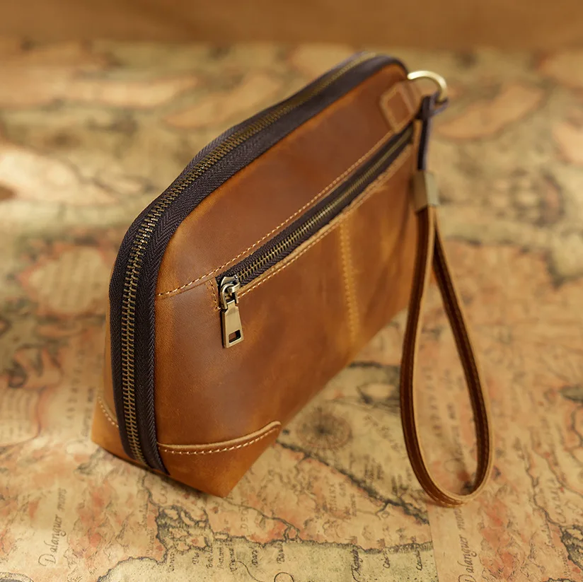 2025 Retro Crazy Horse Leather Men's Clutch With Wrist Strap Genuine Leather Data Cable Bluetooth Stationery Storage Bag 45