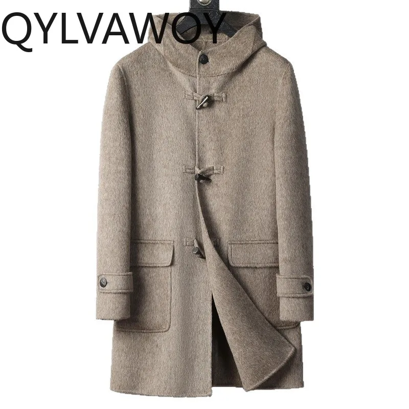

QYLVAWOY Мужская куртка из 100% чистой шерсти с капюшоном, средней длины, осенне-зимнее пальто для мужчин, с пуговицами из рога, повседневная универсальная модель