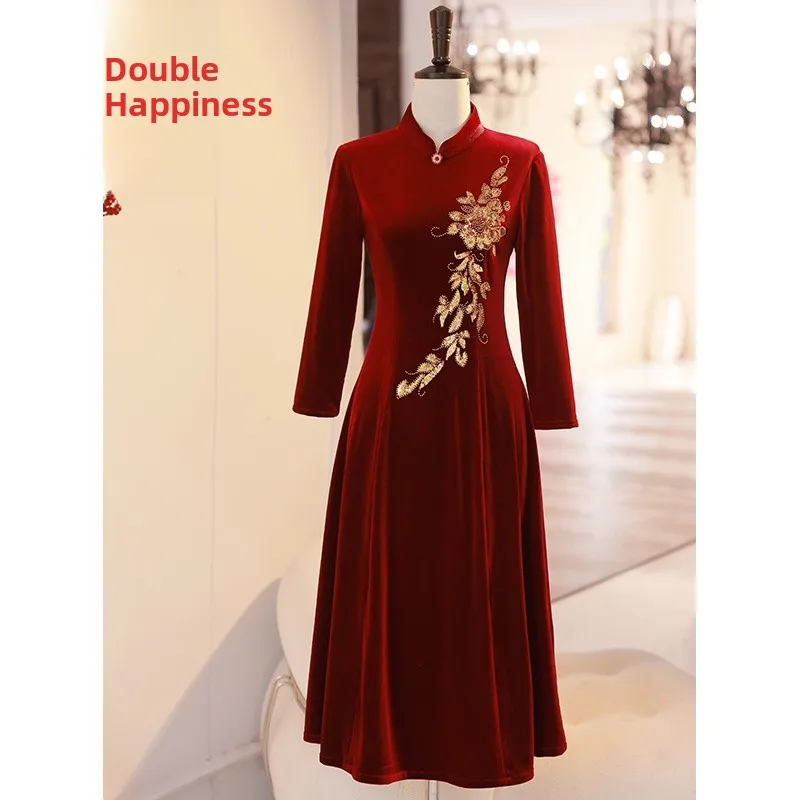 

Wedding Dr Velvet Long Sve Women's Qipao Vintage Sle Pure Color Materni Autumn Winter Faionable Celebration Gown