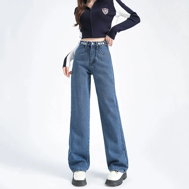하이웨이스트 와이드 레그 청바지 데님 팬츠 봄여름 신상 레트로 여성용 외출용 루즈핏 스트레이트 긴 바지 청바지 데님 팬츠