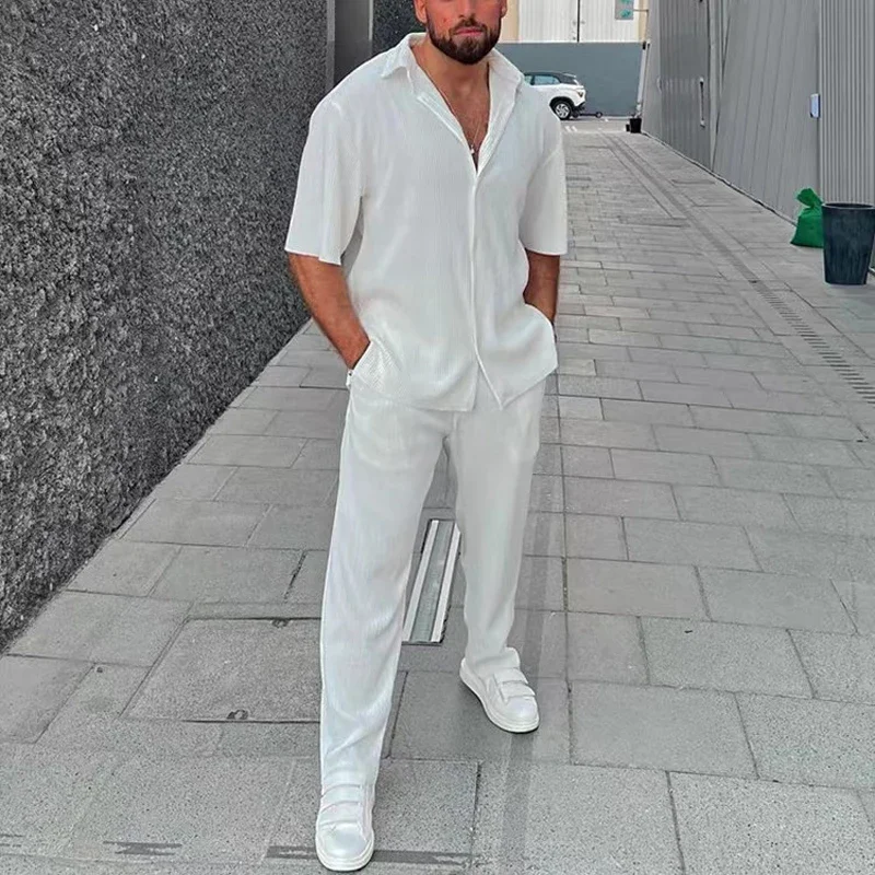 2024 Spring Summer Men's Solid Striped Suits Loose Turn-down Collar Short Sleeve Shirt And Pants Sports Oversized Two-piece Set