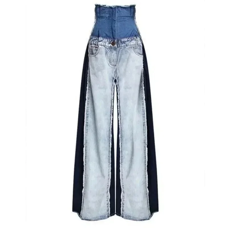 Patchwork Y2k Blue Denim Pants High Waist Vintage Zipper Jeans Streetwear Loose Wide Leg Trousers Fashion Casual Pants For Women