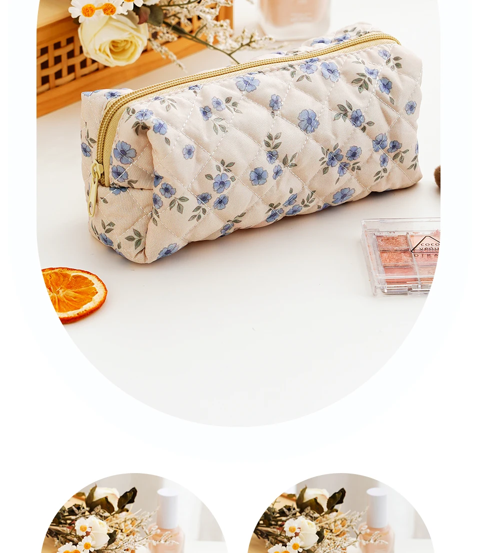 Elinfant 1 Stück Aufbewahrungsorganizer-Tasche Gesteppte Kosmetiktasche mit Blumenmuster Große Reise-Kosmetiktasche Ästhetische Make-up-Tasche – Detail 9