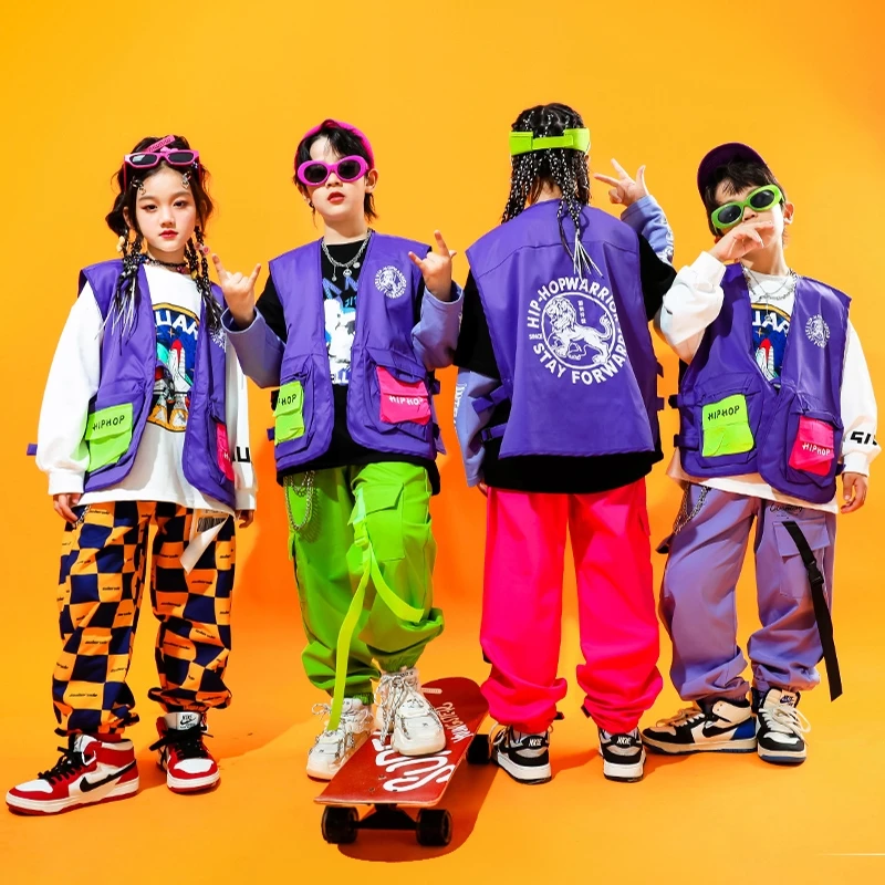 Hip Hop Teen Kids Colorful Cargo Pants Purple Vest Top Boys Girls Streetwear Clothes Suit Children Jazz Street Dance Stage Sets