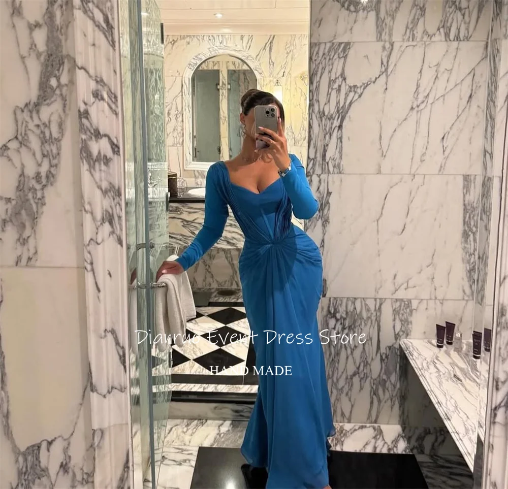 Dianruo Blau Geraffte Schatz Abendkleider Elegante Lange Ärmel Abendkleider Dubai Chiffon Kleider Für Frauen 2025, Angepasst
