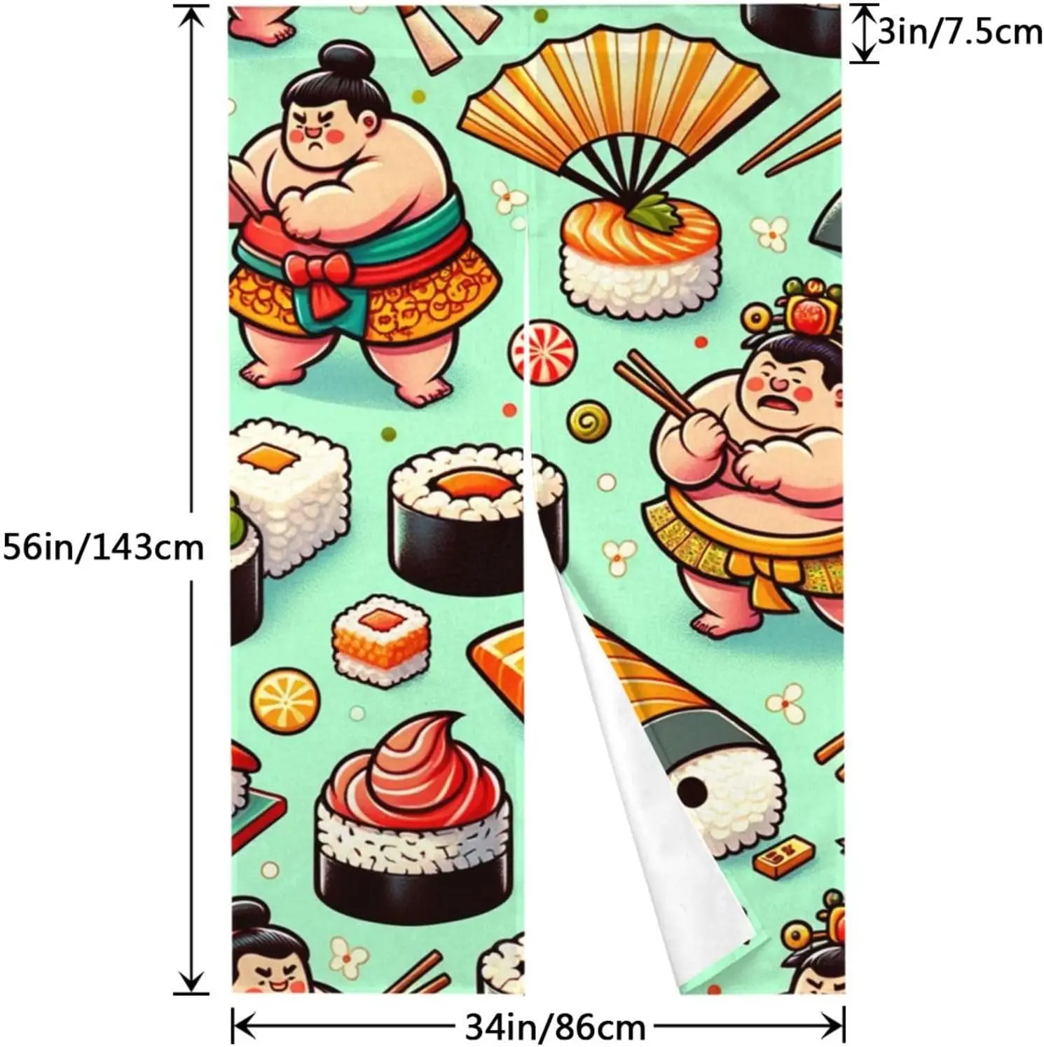 Japanese Sumo & Sushi Door Curtain, Mint Green Background Sumo Wrestler & Sushi Print, Sushi Bar & Izakaya Decor Room Divider