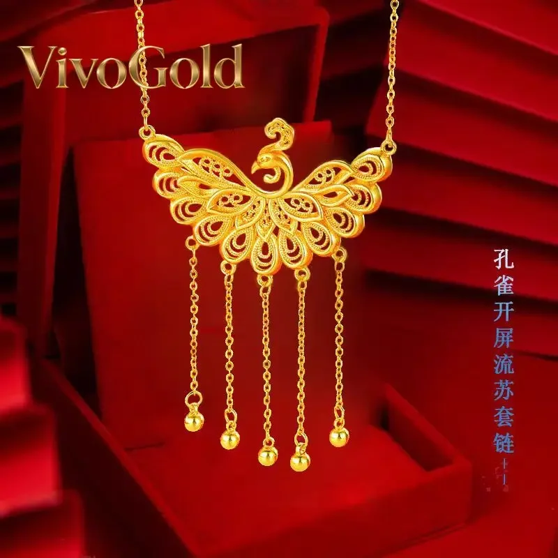 

Ожерелье VivoGoldPeacock с подвеской-кисточкой, 24K, из настоящего золота 9999 пробы, женский свадебный комплект, цепочка для невесты