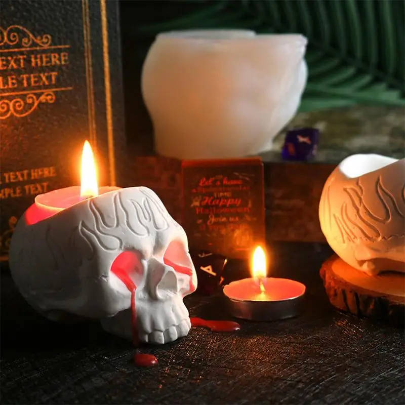 3D Skull Candle Holder Silicone Mold Halloween Ornament Handmade Soap Plaster Epoxy Craft Casting Tools For Home Gifts