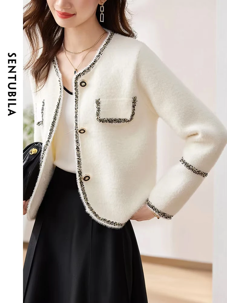 SENTUBILA Spring Cropeed Tweed Jacket Woman 2024 Office Lady Elegant O-neck White Long Sleeve Coat Overcoat Female OW31W48726