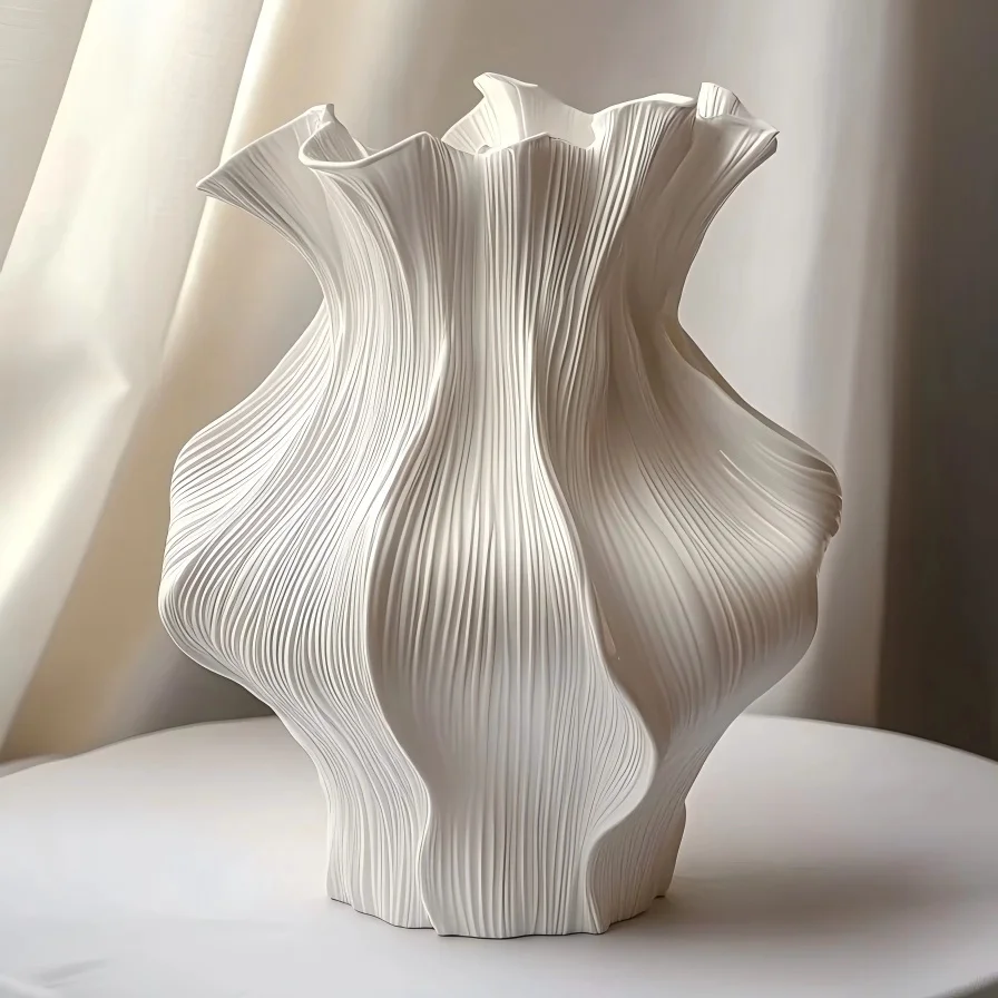 Nordic Minimalist White Textured Ceramic Vase 3D Wave Pattern Tabletop Decor Flower Vase for Living Room Bedroom Dried Flowers