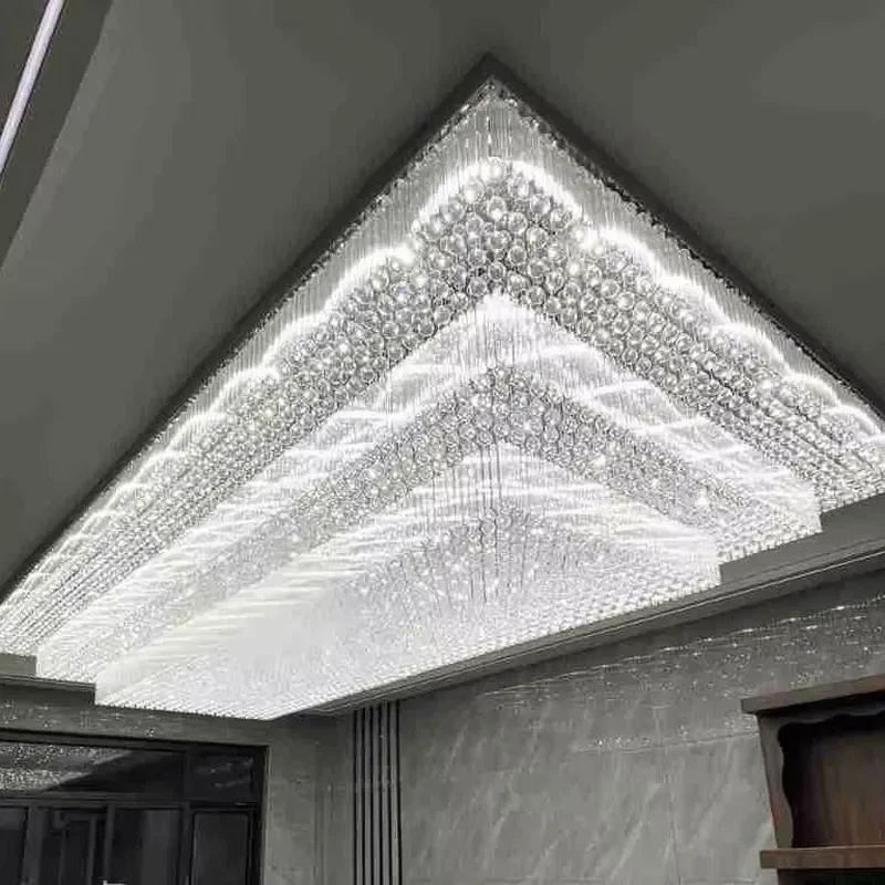 Luxury Rectangular K9 Crystal Chandelier 3 Layer LED Light Fixture for Hotel Lobby Villa Banquet Hall Decoration