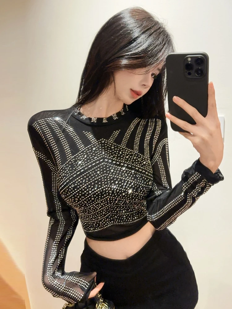 European American style heavy industry diamond inlaid mesh T-shirt top spicy women back perspective slim fit fashion shirt