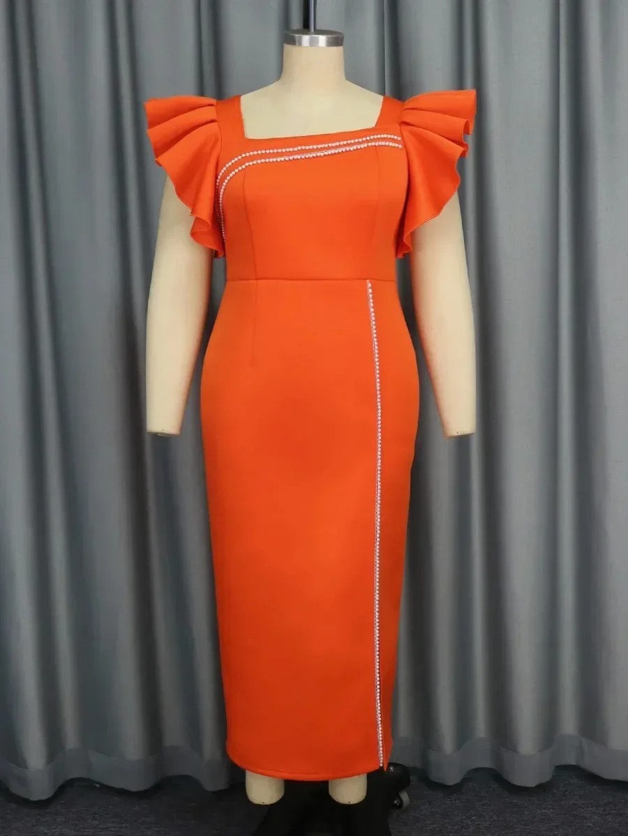 Feminino laranja peal corrente bodycon vestido longo gola quadrada manga curta plissado alta divisão moda baile de formatura vestidos de evento de aniversário