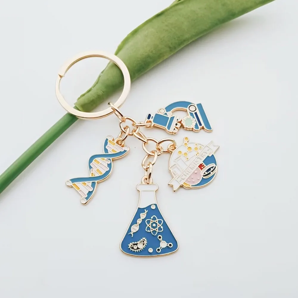 Kawaii Science Keychain Chemistry Lab DNA Microscope Charm Keyring Bag Pendant for Teachers Students