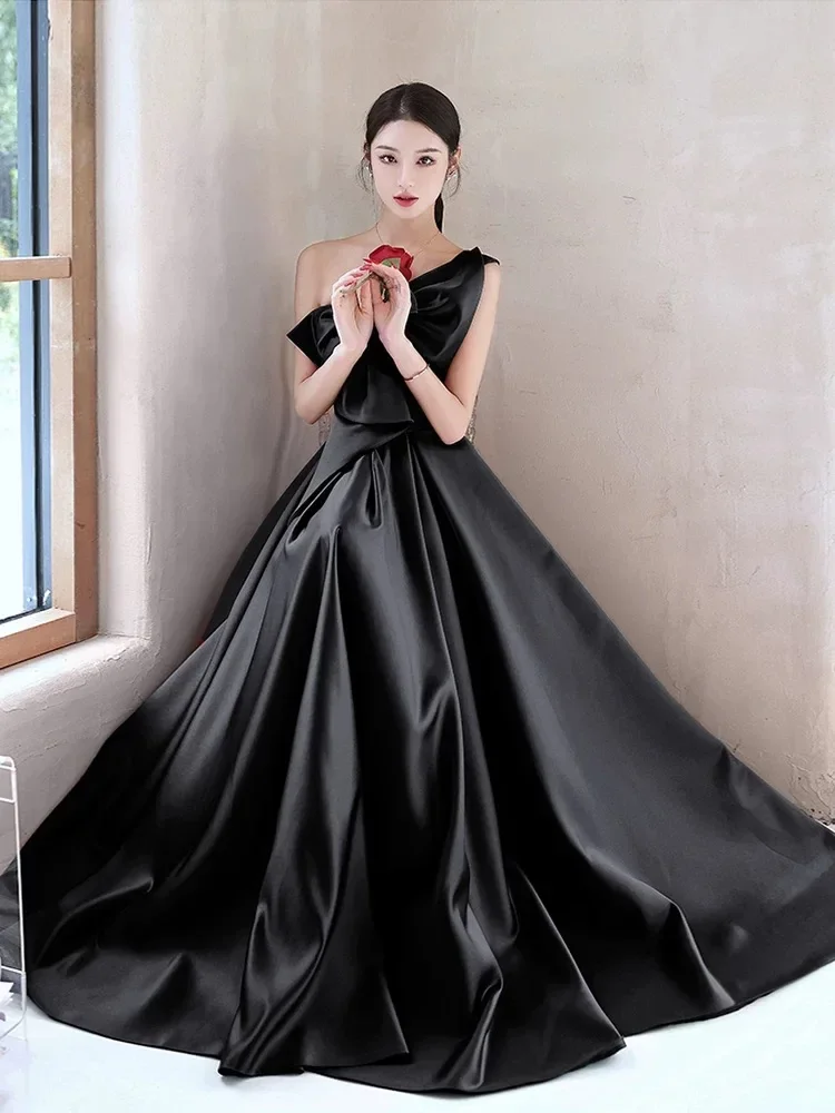 Black No. 65 evening dress new 2024 hot summer satin dress female texture high-end company annual meeting dress skirt