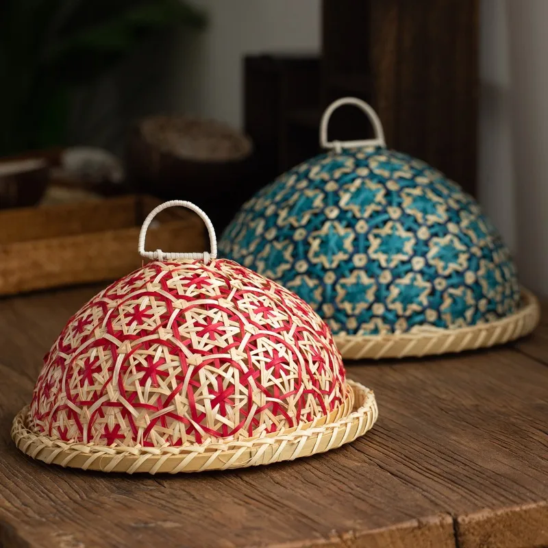 Handmade rattan Nanyang wind fruit plate bread basket round with lid insect-proof fruit leftovers umbrella