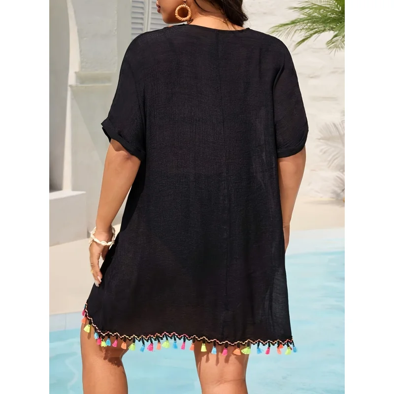 MOXDOWomen's Plus Size Bohemian Crochet Beach Dress, Loose Flowy Vacation Cover-up with Tassels
