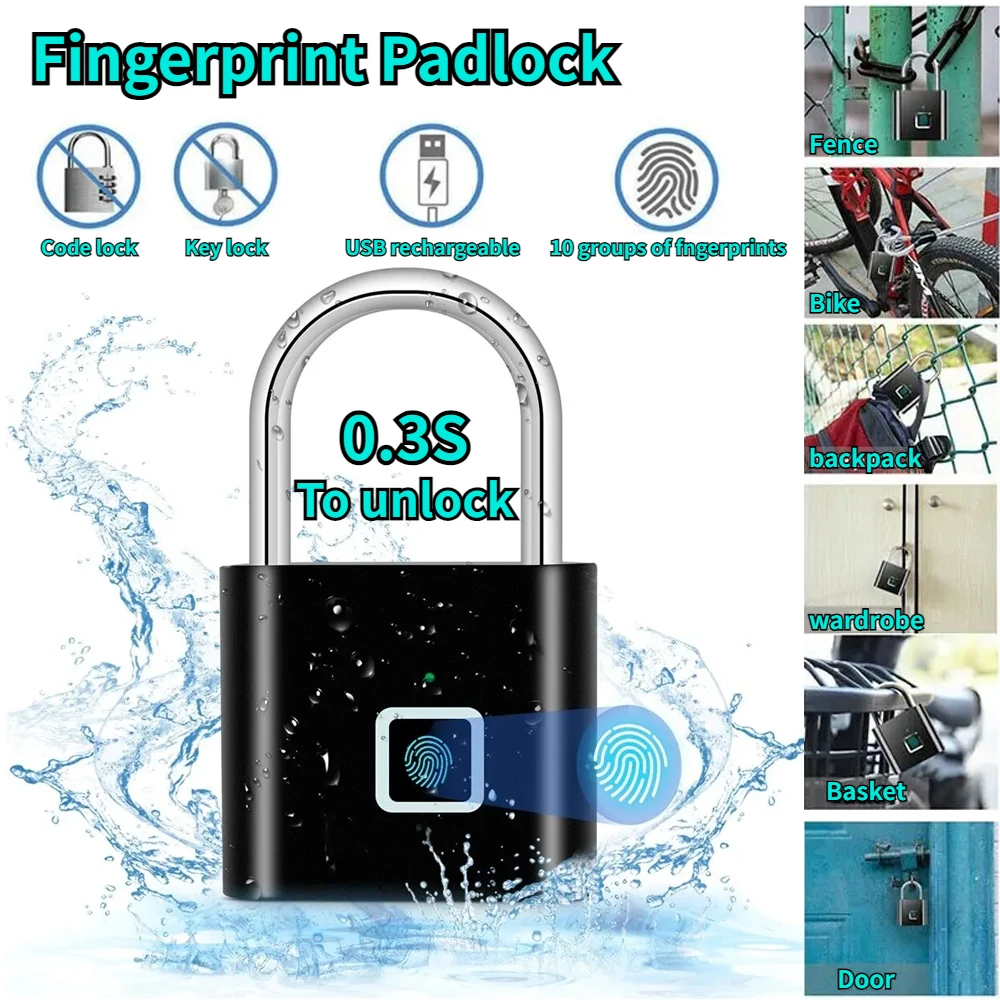 USB Rechargeable Smart Keyless Electronic Fingerprint Lock IP65 Home Anti-theft Safety Security Padlock Door Luggage Case Lock