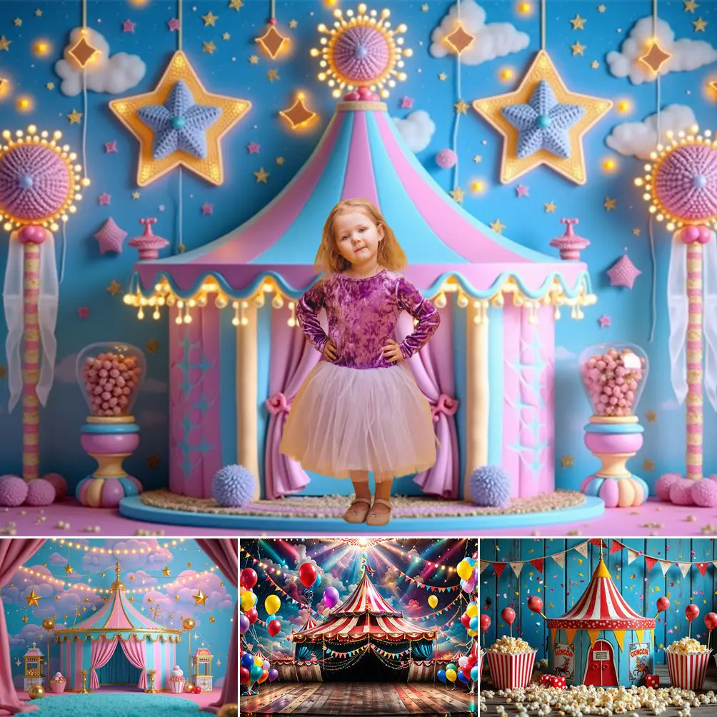 

MOON.QG Kids Birthday Decoration Circus Tent Balloon Backdrop Photo Backgrounds for Photographs Baby Shower Wallpaper Photozone