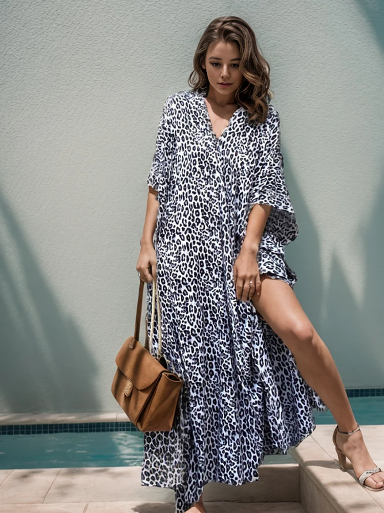 2023  Leopard Self Belted Side Split Summer Beach Dress Long Tunic Women Clothes Plus Size Beachwear Maxi Dresses Q1226