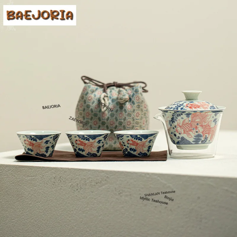 Blue And White Fish Algae Lotus Pattern Travel Tea Set Kit Retro 1 Pot 3 Cups Tea Brewing Organizer Portable Outdoor Stock Bags